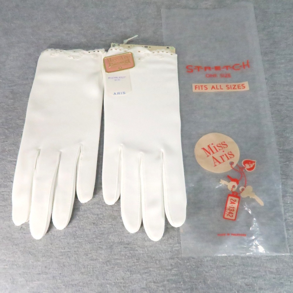 Vintage Miss Aris Gloves White OS Stretch Nylon Eyelet Trim Dainty 60s NEW